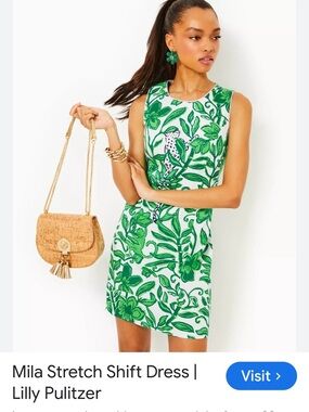 Lilly Pulitzer Mila Stretch Shift Dress Green, white 
Tropical Print, Pink Trim